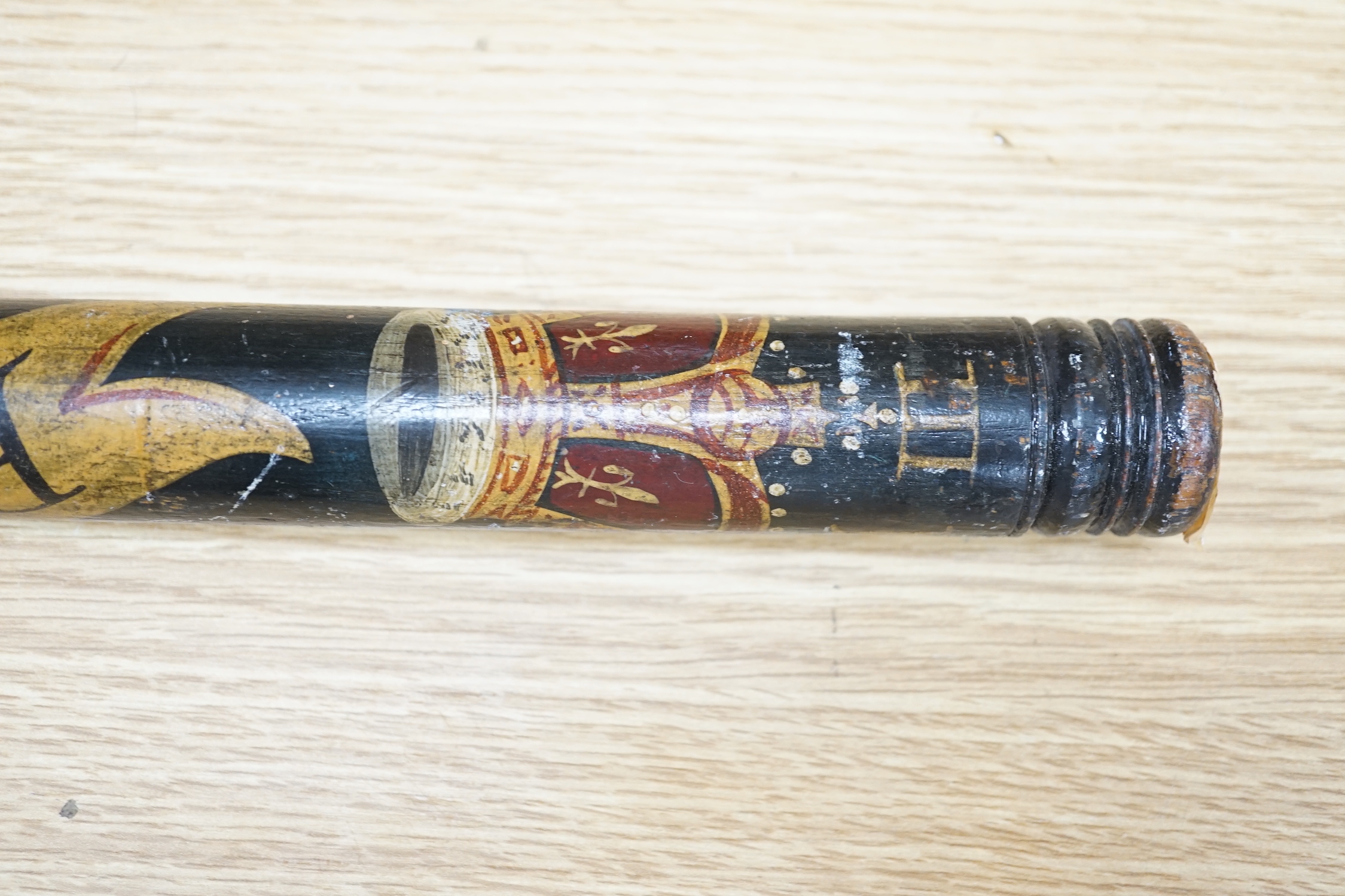 An unusually large George III horse mounted police constable's wooden truncheon, hand painted and inscribed Bermondsey Special Constable and numbered 79, 80cm in length